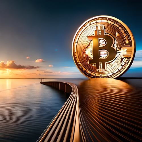 Una enorme moneda bitcoin en el agua